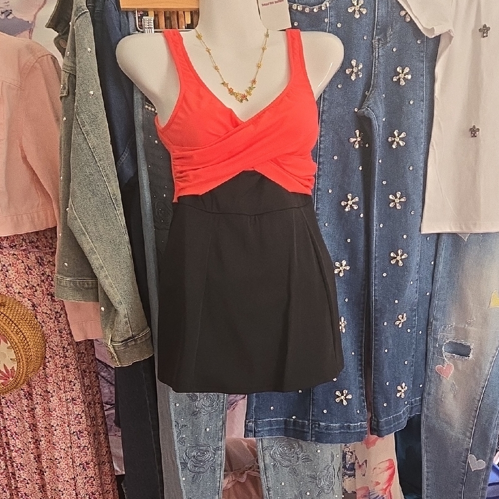 VENUS Coral and Black One Piece Swimsuit Swimdress NWOT